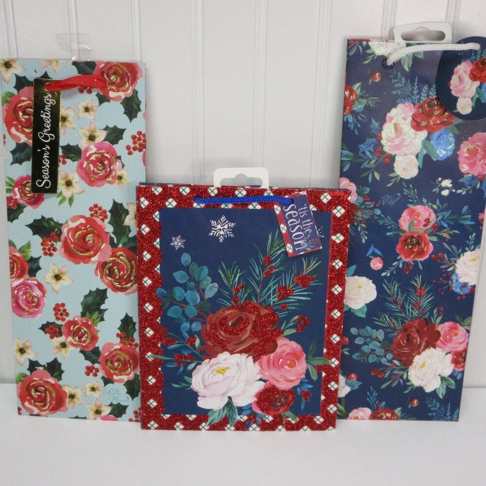 Lot of 3 Pioneer Woman Gift Bag Christmas Holiday Wishful Winter Blue Floral New